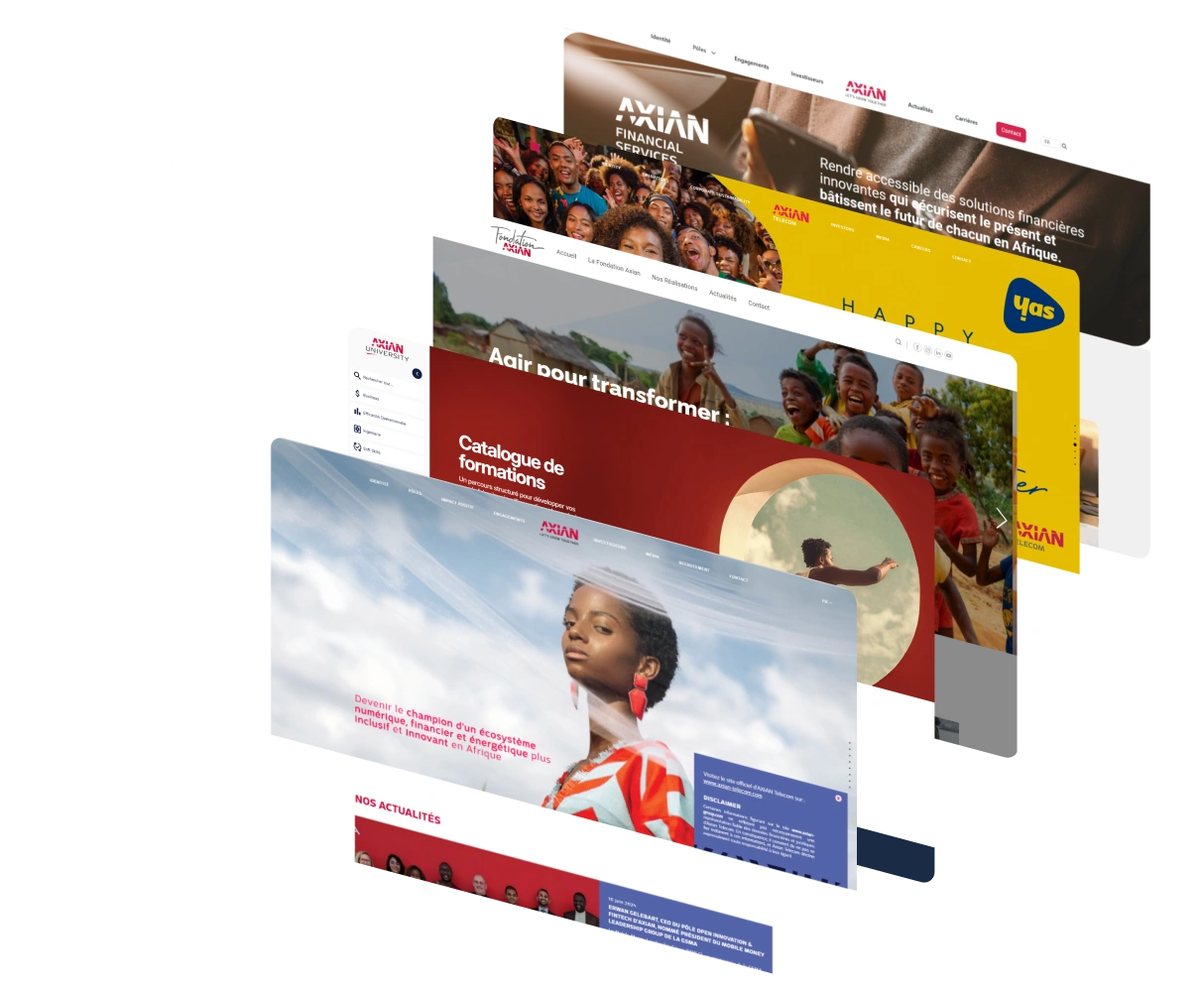 Mockups des sites web Axian illustrant l'écosystème digital avec 5 secteurs unifiés