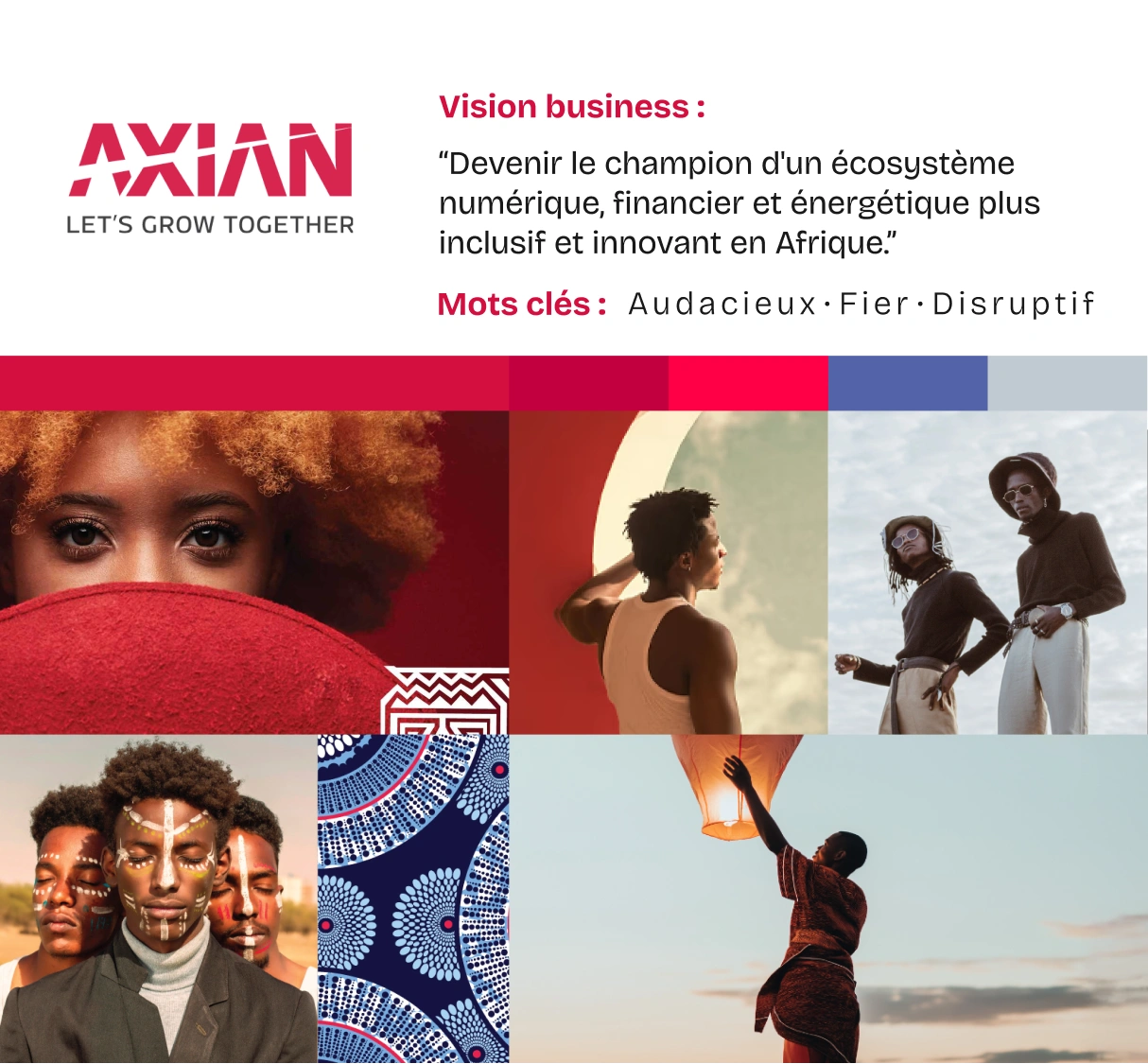 Poster Axian Group présentant la vision business et l'identité culturelle Afrixian