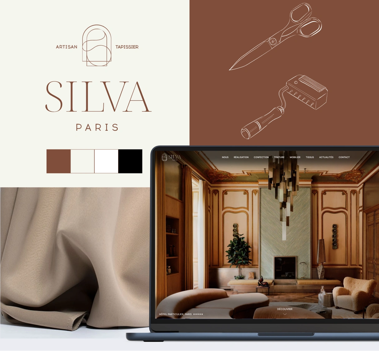 Identité de marque Silva Paris avec logo, palette de couleurs et mockup du site web
