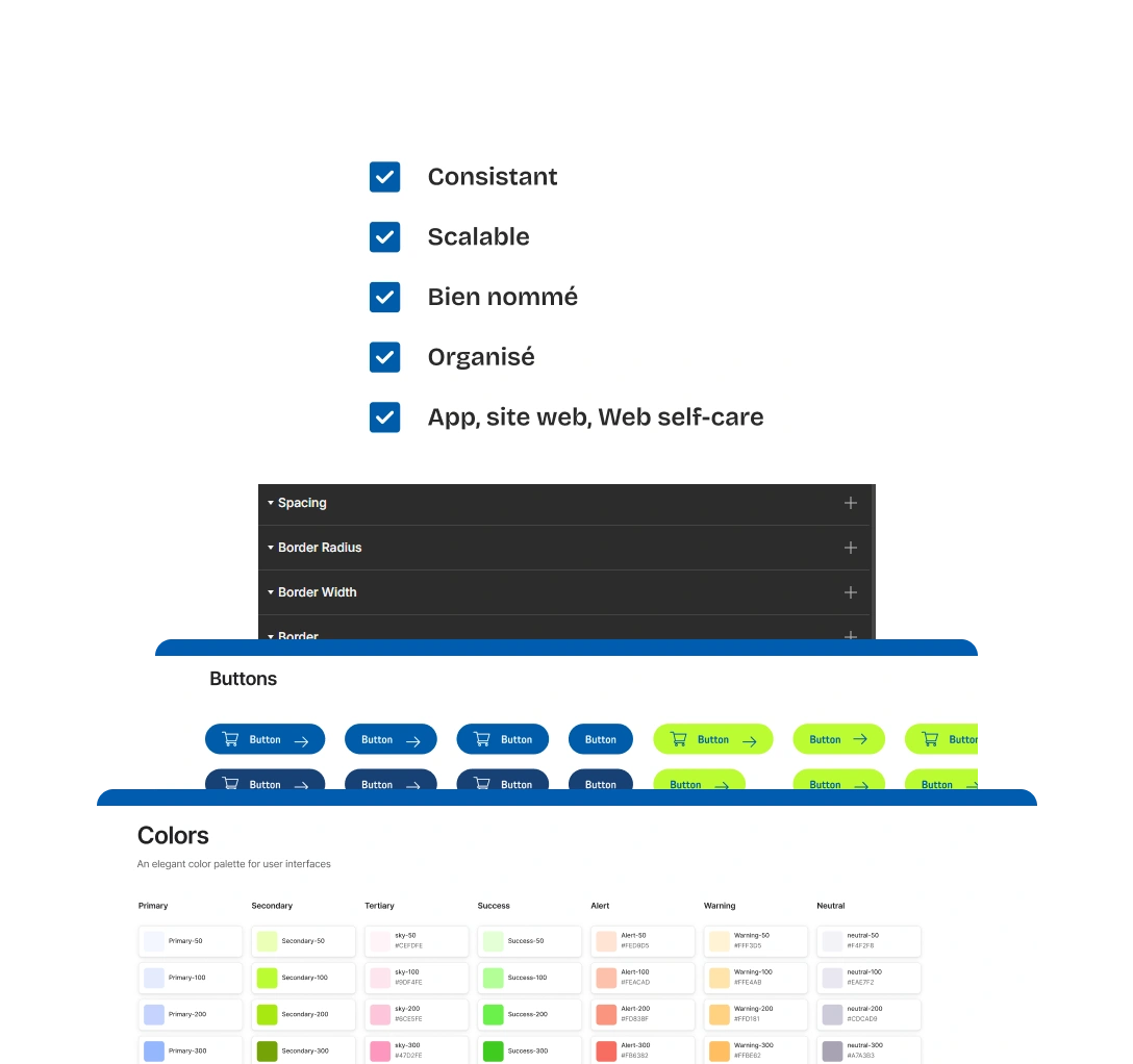 Design system Tango avec palette de couleurs, boutons et composants UI