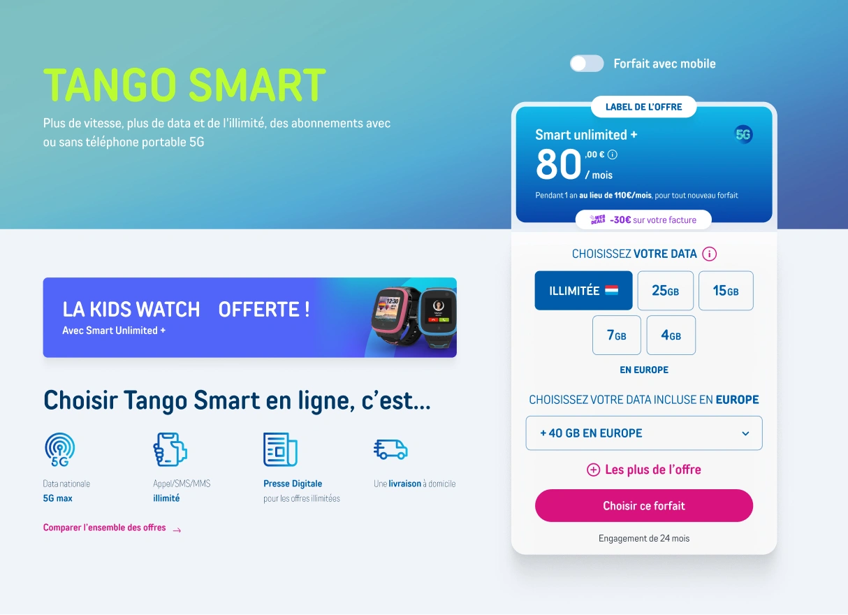Interface web Tango avant refonte avec page de sélection d'offres mobiles